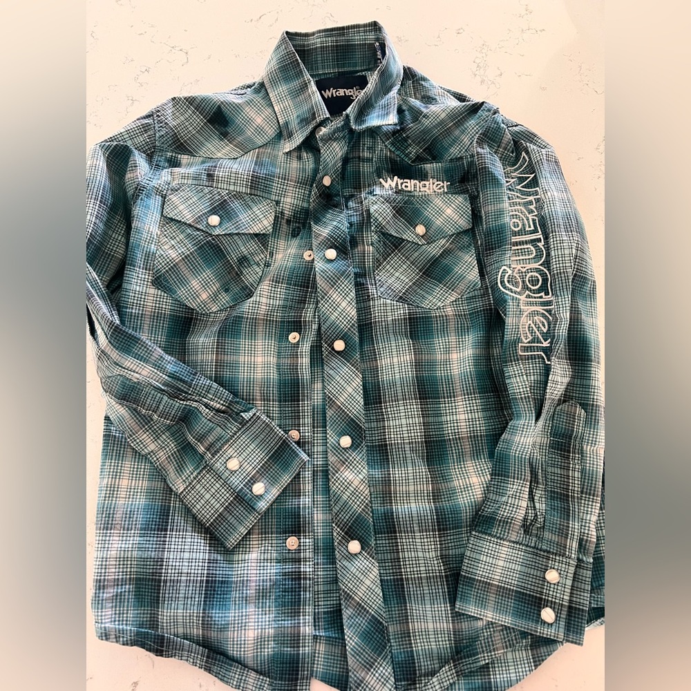 Wrangler Blue Plaid Kids Button Down Shirt